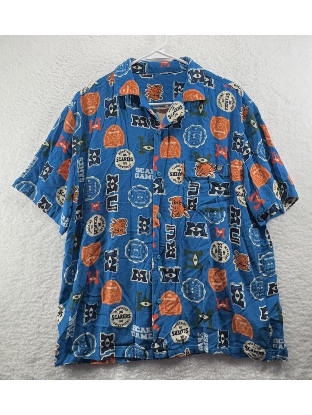 Disney Monsters Inc University AOP Hawaiian Button Up Shirt Mens Medium